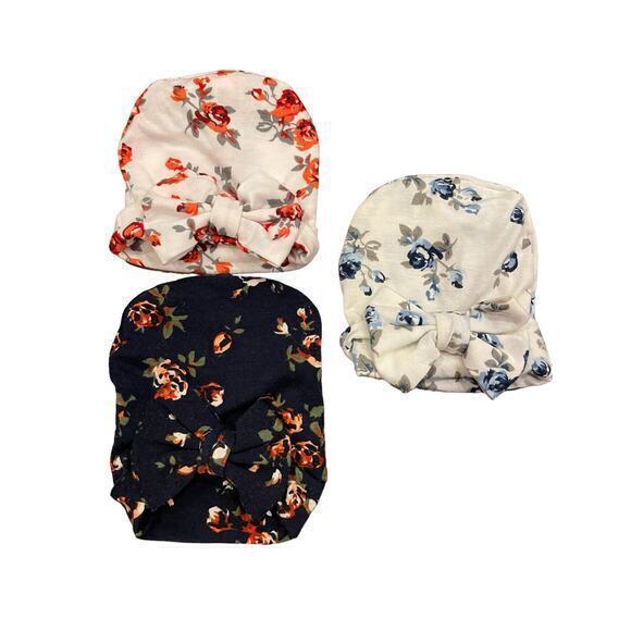 EUC Set of 3 Floral Newborn Hat w/ Large Bow, Pink & White, Blue & White & Navy - Picture 1 of 9